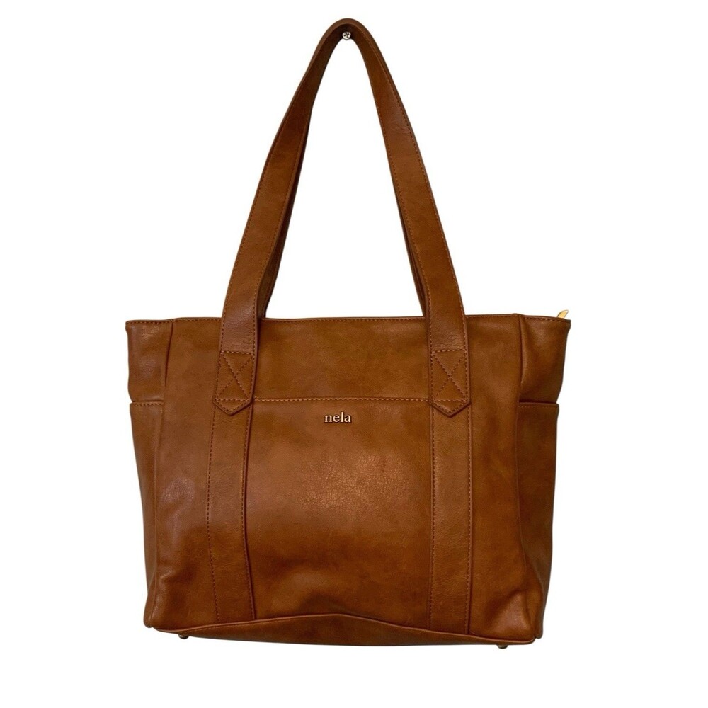 Nela Brown Leather Tote Bag w/  Double Handles, Pockets Gold Hardware
